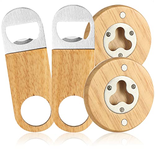 com-four® 4x Flaschenöffner aus rostfreiem Edelstahl mit praktischem Naturholz-Griff - Kapselheber in schlichtem Design (04 Stück - Holz. Edelstahl. 2x flach. 2x rund) von com-four