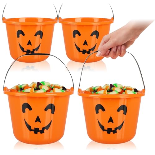 com-four® 4X Halloween Kürbis Eimer - Kunststoff-Eimer im Kürbis-Design zum Sammeln von Süßigkeiten - Sammel-Tasche mit Henkel für Halloween von com-four