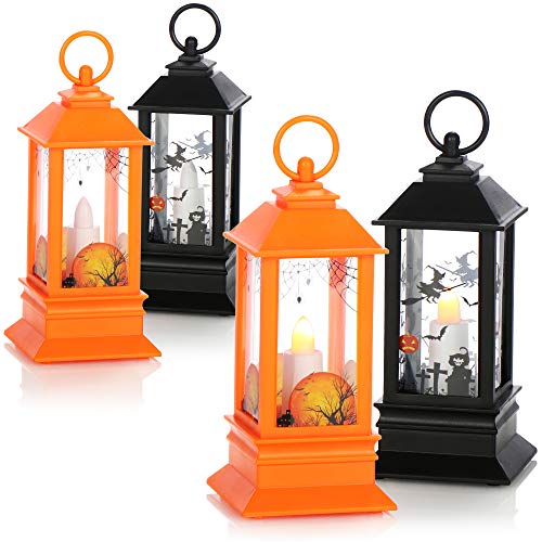 COM-FOUR® 4x Halloween-Laterne mit LED-Licht, batteriebetriebenes Windlicht mit Lachen als Soundeffekt für Kinder zu Fasching, Karneval, Halloween (04 Stück - orange. schwarz) von com-four