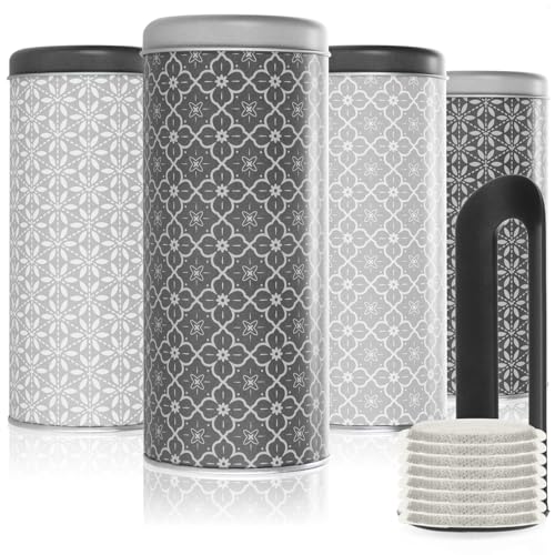 com-four® 4x Kaffeepaddose und 1x Padheber - Metalldose für Kaffeepads - Aufbewahrungsbehälter mit Deckel für Kaffee, Tee, Kekse - Blech-Dekodose im modernen Vintage-Design (4 Stück - Set 4) von com-four