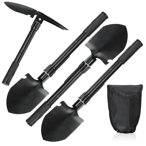 com-four® 4X Klappschaufel mit langem Griff - Mini-Klappspaten mit verlängertem Griff für bessere Hebelwirkung - Schaufel mit Flaschenöffner, Kleiner Säge und Spitzhacke (4X schwarz - 41 cm) von com-four