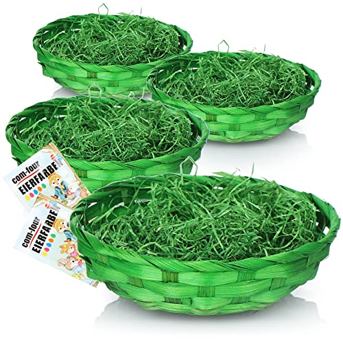 com-four® 4X Osterkörbchen mit Deko Gras und Eierfarben - grüne Osterkörbe mit grünem Gras - Bastkorb mit Ostergras und Ostereierfarben (Set 4 - grün) von com-four