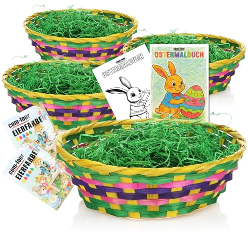 com-four® 4X Osterkörbchen mit Deko Gras, Eierfarben mit Malbuch - Bunte Osterkörbe aus Bast mit grünem Gras - Bastkorb mit Ostergras (Set 2 - bunt) von com-four
