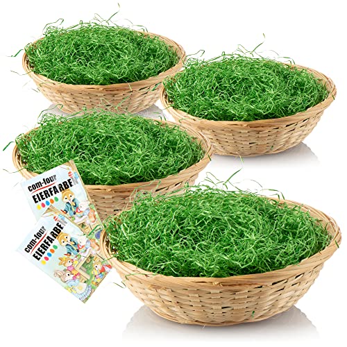 com-four® 4X Osterkörbchen mit Deko Gras und Eierfarben - Osterkörbe mit grünem Gras - Bastkorb mit Ostergras (Set Natur braun 1) von com-four