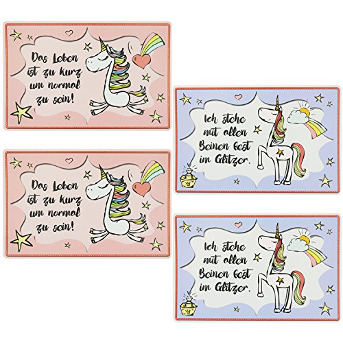 com-four® 4X Platzset für Kinder - Platzdeckchen im Einhorn-Design - Platzmatten in pink und blau mit Spruch (04 Stück - 44x28cm Einhorn) von com-four