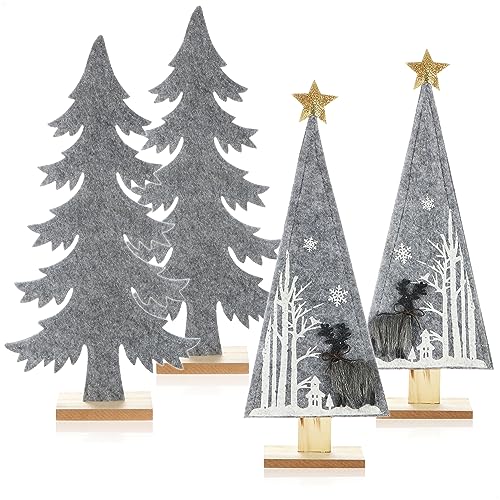 COM-FOUR® 4X dekorativer Aufsteller für Weihnachten - Tannenbaum aus Filz mit Fuß aus Holz - Weihnachtsbaum als Deko für Tisch und Fenster (Tanne + Waldtanne) von com-four