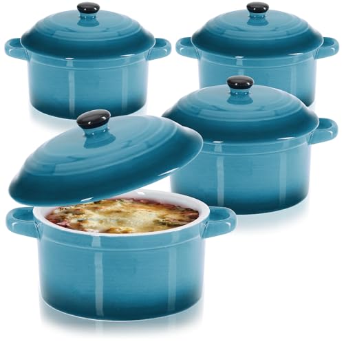 com-four® 4x Auflaufform mit Deckel aus Keramik - Dessertschale für Crème Brûlée - Mini-Schmortopf für Ragout fin und Würzfleisch - blau, ca. 250/175 ml je Form (4 Stück - blau) von com-four