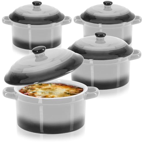 com-four® 4x Auflaufform mit Deckel aus Keramik - Dessertschale für Crème Brûlée - Mini-Schmortopf für Ragout fin und Würzfleisch - grau, ca. 250/175 ml je Form (4 Stück - grau) von com-four