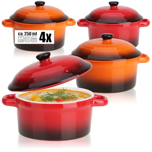 com-four® 4x Auflaufform mit Deckel aus Keramik - Dessertschale für z.B. Ragout fin in orange und rot, 250/175 ml je Form (4 Stück - orange. rot) von com-four