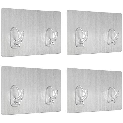 com-four® 4x Doppel-Wandhaken in Metall-Optik - Wunderhaken auf Selbstklebepad - Klebehaken ohne Bohren (4 Stück - Doppelwandhaken Metalloptik) von com-four