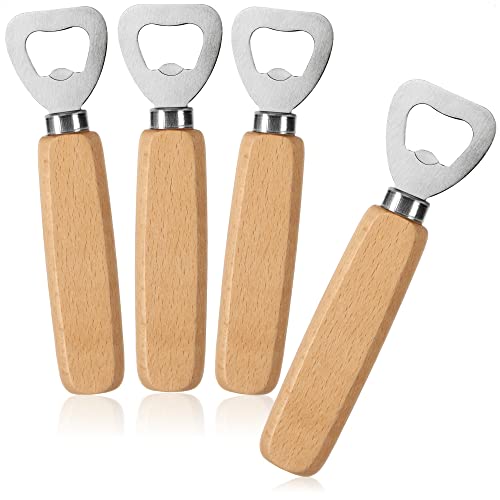 com-four® 4x Flaschenöffner aus rostfreiem Edelstahl - mit ergonomischem Buchenholz-Griff - Kapselheber ohne Logo - formschöner Bierflaschenöffner (04 Stück - Holz) von com-four