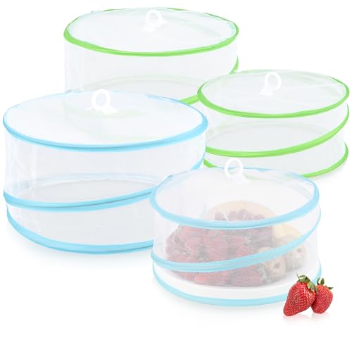 com-four® 4x Fliegen Abdeckhauben Pop-Up - Abdeckhauben für Lebensmittel - faltbare Speiseschirme in zwei Größen - Insektenschutz - Netzhaube für Obst und Kuchen (4 Stück - weiß/blau/grün) von com-four