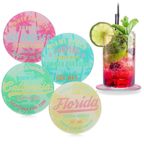 com-four® 4x Glas-Untersetzer für Getränke - Runde Getränkeuntersetzer für jeden Tisch - Untersetzer aus Glas mit "Surfing"-Motiv - Cocktail-Dekorationszubehör von com-four