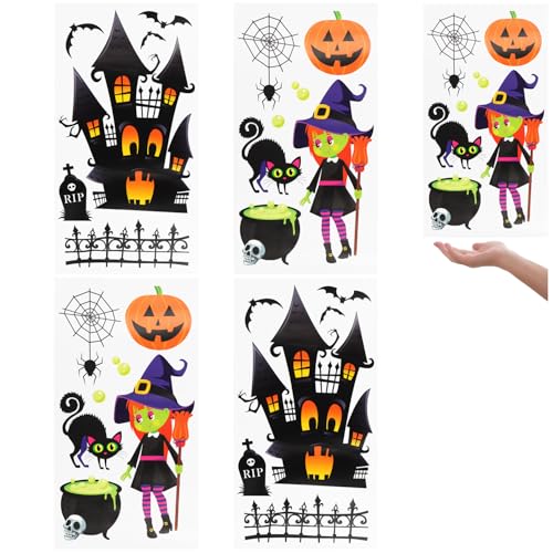 com-four® 4x Halloween-Fensteraufkleber - selbstklebende Fensterbilder - Fensterdekoration - Fenstersticker mit Halloweenmotiven [Auswahl variiert] (2x Hexe und Haus) von com-four