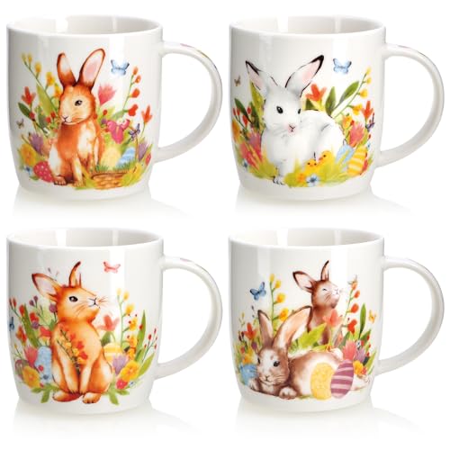 com-four® 4x Kaffeebecher aus Keramik - Kaffee-Tasse mit Oster-Motiven - Kaffeepott für Kalt- und Heißgetränke - bunte Henkeltassen mit Hasen-Motiven 350 ml (04 Stück - Ostern 3) von com-four