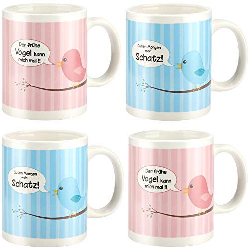 com-four® 4x Kaffeebecher aus Porzellan - Kaffee-Tasse mit Vogel-Motiv - Kaffeepott in pink und blau - 300 ml je Tasse (04 Stück - Tassen Mix) von com-four