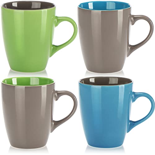 com-four® 4x Kaffeetassen aus Keramik - Kaffeepott für Kalt- und Heißgetränke - Kaffee-Becher in modernem Design - farbige Henkeltasse - Trinkbecher 300 ml (04 Stück - blau/grün/grau) von com-four