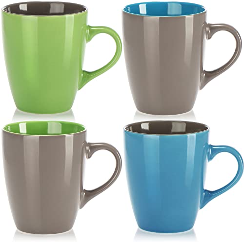 com-four® 4x Kaffeetassen aus Keramik - Kaffeepott für Kalt- und Heißgetränke - Kaffee-Becher in modernem Design - farbige Henkeltasse - Trinkbecher 300 ml (.4x - blau/grün/grau) von com-four