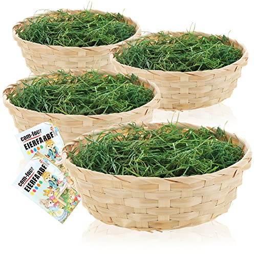 com-four® 4x Osterkörbchen mit Deko Gras und Eierfarben - Osterkörbe mit grünem Gras - Bastkorb mit Ostergras (Set Natur braun 2) von com-four