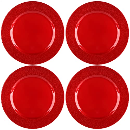 com-four® 4x Platzteller in glänzendem rot mit Glitzerrand - wiederverwendbare einfarbige Unterteller - Tischdekoration - monochrome Dekoteller für Hochzeit, Familienfeier oder Weihnachten - Ø 33 cm von com-four