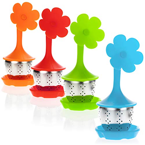 com-four® 4x Tee-Ei aus rostfreiem Edelstahl und Silikon - Teekugel - Teesieb mit Deckel und Untersetzer - Teefilter für Teeliebhaber - spülmaschinengeeignet (04 Stück - Blume) von com-four