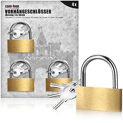 com-four® 4x Vorhängeschloss aus Messing - Sicherheitsschloss mit 3 Schlüssel - Vorhangschloss für Haushalt und Arbeit von com-four