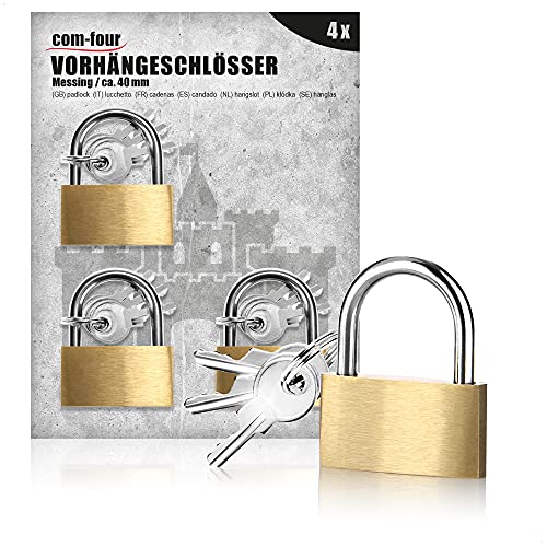 com-four® 4X Vorhängeschloss aus Messing - Vorhangschloss mit 3 Schlüssel - Sicherheitsschloss für Haushalt, Freizeit, Arbeit von com-four