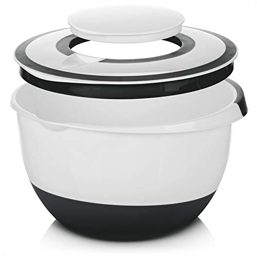 com-four® 5 l Rührschüssel mit Deckel, Salatschüssel, Frischhaltedose & Backschüssel mit Stoppboden, Spritzschutzdeckel, Rühröffnung und Ausgießer (1 Stück - weiß, schwarz) von com-four
