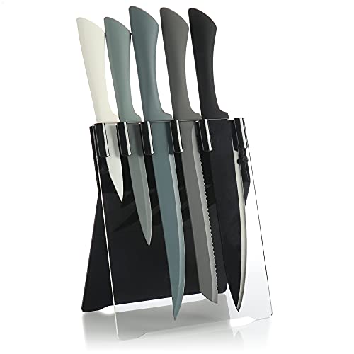 com-four® 5-teiliges Messerset mit Halterung - Messer aus Edelstahl für verschiedene Anwendungen - Scharfe Küchenmesser im Messerblock (Set7-5-teilig - Messerblock) von com-four