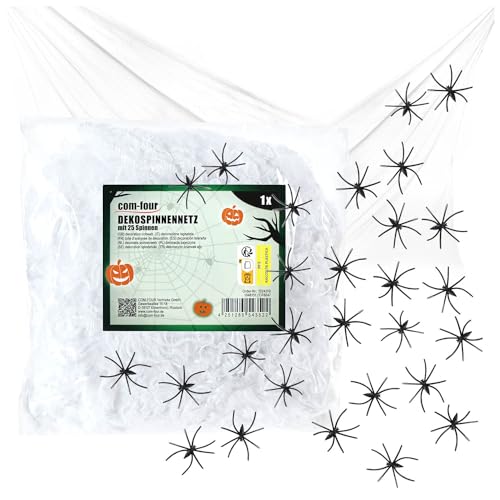 com-four® 26-teiliges Deko-Set für Halloween - 500g dehnbares Spinnennetz mit 25 schwarzen Spinnen - gruseliges weißes Spinnengewebe als Dekoration für Halloween, Fasching, Horror- oder Mottopartys von com-four
