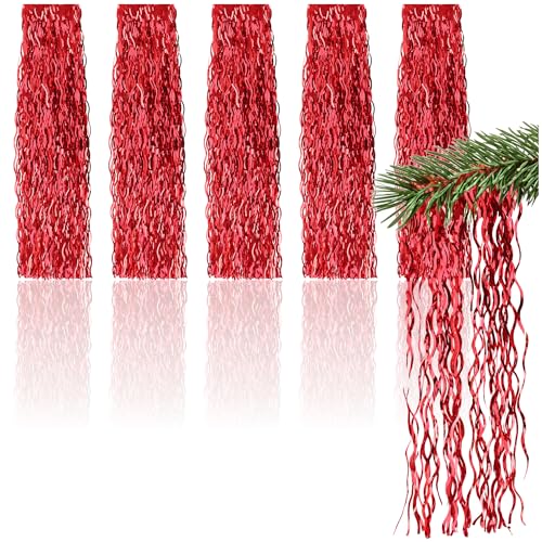 com-four® 5X Lametta - rote Lametta Girlande für Weihnachten - Christbaumschmuck für den Tannenbaum - Lametta-Vorhang mit welligen Fäden (rot - 5 Stück) von com-four