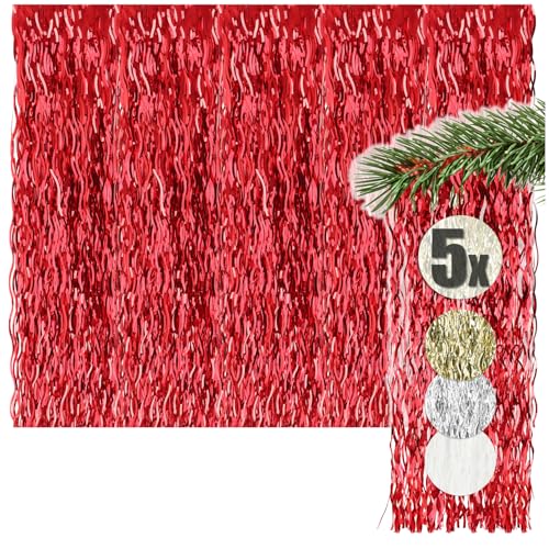com-four® 5X Lametta - Rote Girlande für Weihnachten - Christbaumschmuck für den Tannenbaum - Vorhang mit Welligen Fäden (Rot - 5 Stück) von com-four