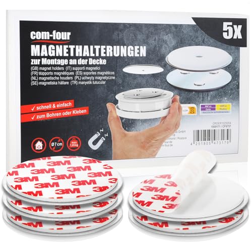 com-four® 5X Magnethalterung für Sicherheitsmelder - Halterung zum Kleben oder Bohren - Befestigung mit extra starken Klebepads für Rauchmelder - magnetische Aufhängung (05 Stück - silberfarben) von com-four