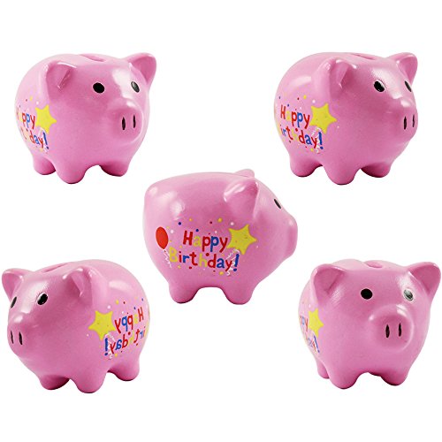 com-four® 5X Sparschwein aus Keramik, in rosa mit Happy Birthday-Aufdruck, ca. 5 x 4,5 cm von com-four