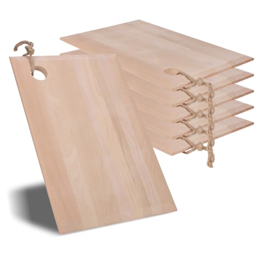 com-four® 5x Holzschneidebrett, Schneidbrett aus Buchenholz mit Griffloch zum Aufhängen, Servierbrett für Vesperplatten (5 Stück - 38 x 25 cm - Buche) von com-four