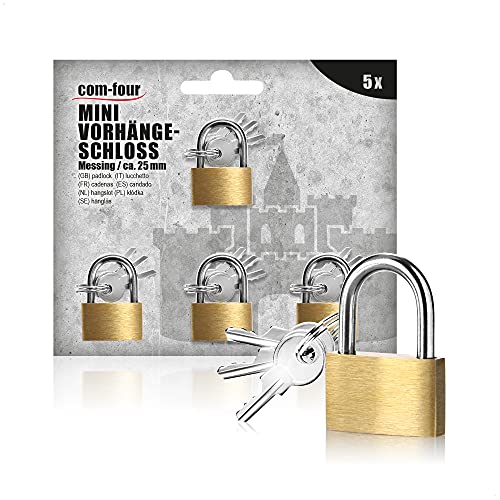 com-four® 5X Mini Gepäck-Vorhängeschloss - Gepäckschloss aus Messing - Kleines Kofferschloss für Gepäck und Reisetaschen von com-four