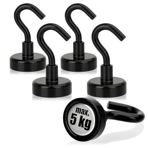 com-four® 5x Neodym Magnethaken 5 kg - starker Werkstatt-Magnet mit Haken 38 x 15 mm - für Küche, Badezimmer, Garage oder Büro - Kleiderhaken mit Neodym-Magnet von com-four