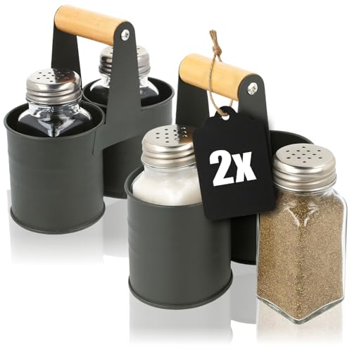 com-four® 6-teiliges Gewürzstreuer Set aus Glas - Salz und Pfeffer mit passender Halterung aus Metall (02 Stück - Mit Halterung) von com-four
