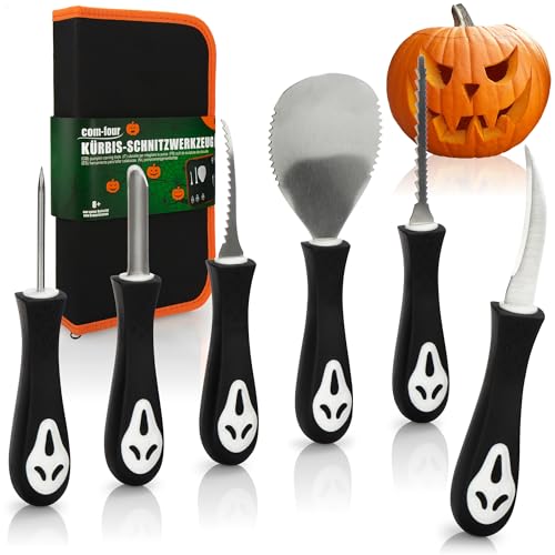 com-four® 6-teiliges Kürbis Schnitz-Set für Halloween - Schneide-Werkzeuge zum Aushöhlen von Kürbissen - Tasche mit Säge, Löffel, Schnitzwerkzeuge (Schnitzwerkzeug - 006-teilig schwarz) von com-four