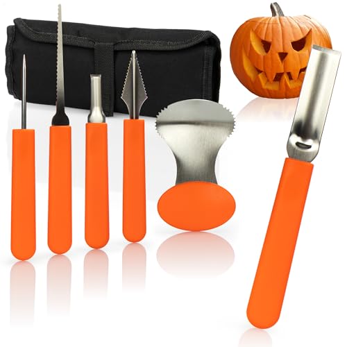 com-four® 6-teiliges Kürbis Schnitz-Set für Halloween - Schneide-Werkzeuge zum Aushöhlen von Kürbissen - Tasche mit Säge, Löffel, Schnitzwerkzeuge (Schnitzwerkzeug - 06-teilig orange) von com-four