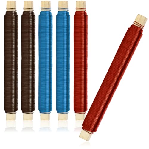 com-four® 6X Blumenwickeldraht-Set, Bindedraht braun, rot und blau lackiert, auf Holzstab gewickelt, 600 g (Farbe - 06 Stück) von com-four