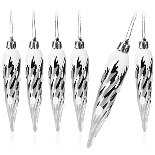 com-four® 6X Christbaumanhänger Eiszapfen mit Schnee - edler Tannenbaumschmuck zum Anhängen - Christbaumschmuck für Winter- und Weihnachtsbaum-Dekoration - Christbaumkugel-Set (Silberfarben) von com-four