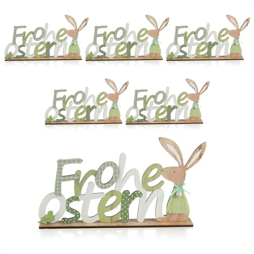 com-four® 6X Deko Aufsteller Frohe Ostern - Schriftzug mit Osterhasen - Osterdeko zum Hinstellen - Osterdekoration aus Holz mit Glöckchen (6 Stück - Hase und Vogel) von com-four