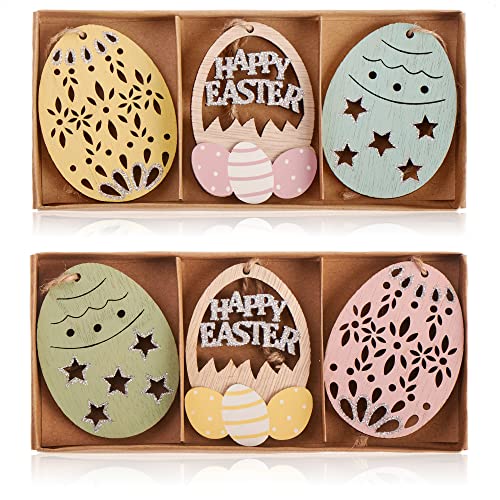 com-four® 6X Dekoaufhänger Ostern - Osterschmuck aus Holz zum Aufhängen - Holzaufhänger Osterei für den Osterstrauß (6 Stück - Ostereier) von com-four