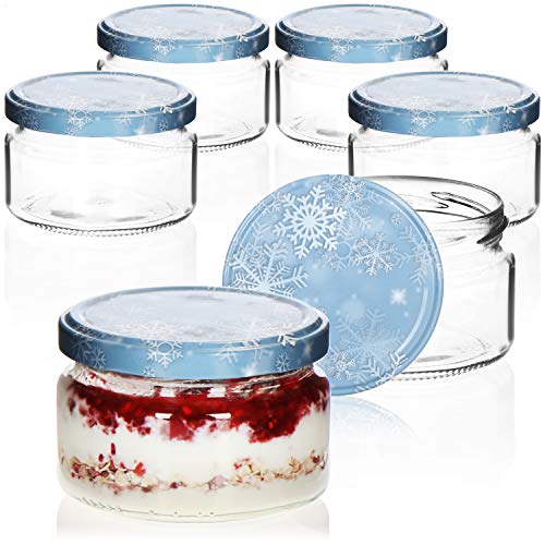 com-four® 6x Einmachgläser Winter Edition TO Ø 82 mm - 250 ml mit Schraub-Deckel im winterlichen Design, blau-weiße Marmeladengläser, Glas mit Schneeflocken-Deckel, Einmachglas Weihnachten von com-four