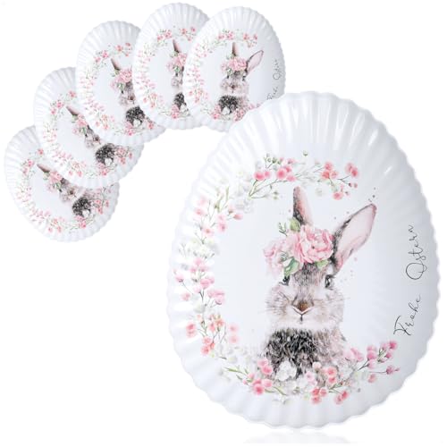 com-four® 6x Metall-Osterteller mit süßem Hasenmotiv - Deko-Teller für Ostern & Frühling - Hasenteller für Süßigkeiten & Ostereier (Eiform Hase - 6x) von com-four