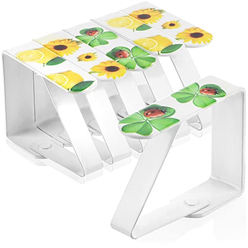 com-four® 6X Tischdeckenklammer mit Motiven - Tischklammern mit Zitronen, Kleeblättern und Sonnenblumen - Tischtuchklammer für drinnen und draußen von com-four