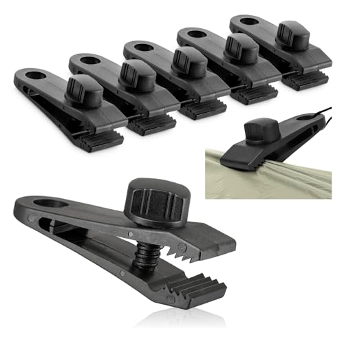 com-four® 6X Zeltplanenklemmen - Tarp Clips für Zelte, Banner, Segel, Markisen und Abdeckplanen - Markisenklemmen zum Abspannen - Flexible Planenspanner (schwarz - Klemmen - 6 Stück) von com-four