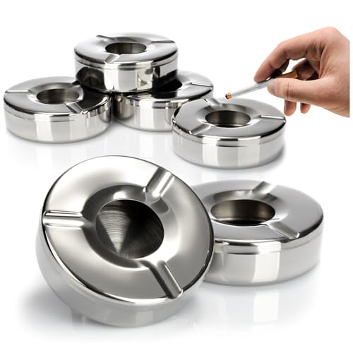 com-four® 6x Aschenbecher aus Edelstahl - Windaschenbecher mit abnehmbarem Deckel zum Schutz vor Flugasche - Ø 11 cm (006 Stück - Edelstahl) von com-four