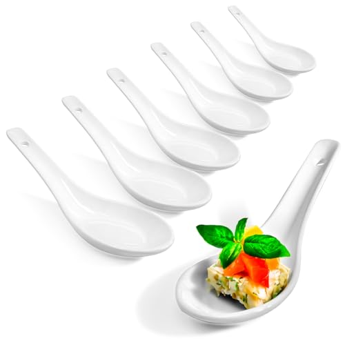 com-four® 6x Asiatische Suppenlöffel - Reislöffel aus weißem Porzellan - Servierlöffel für Reisschalen, Ramen, Vorspeisen, Desserts - Porzellan-Löffel-Set - Dim-Sum-Löffel (6 Stück - weiß) von com-four